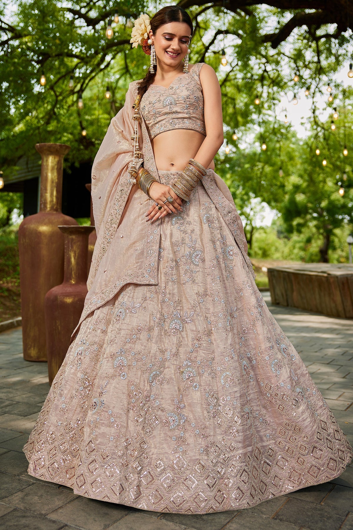 Nude Peach Tissue Sequin Embroidered Lehenga