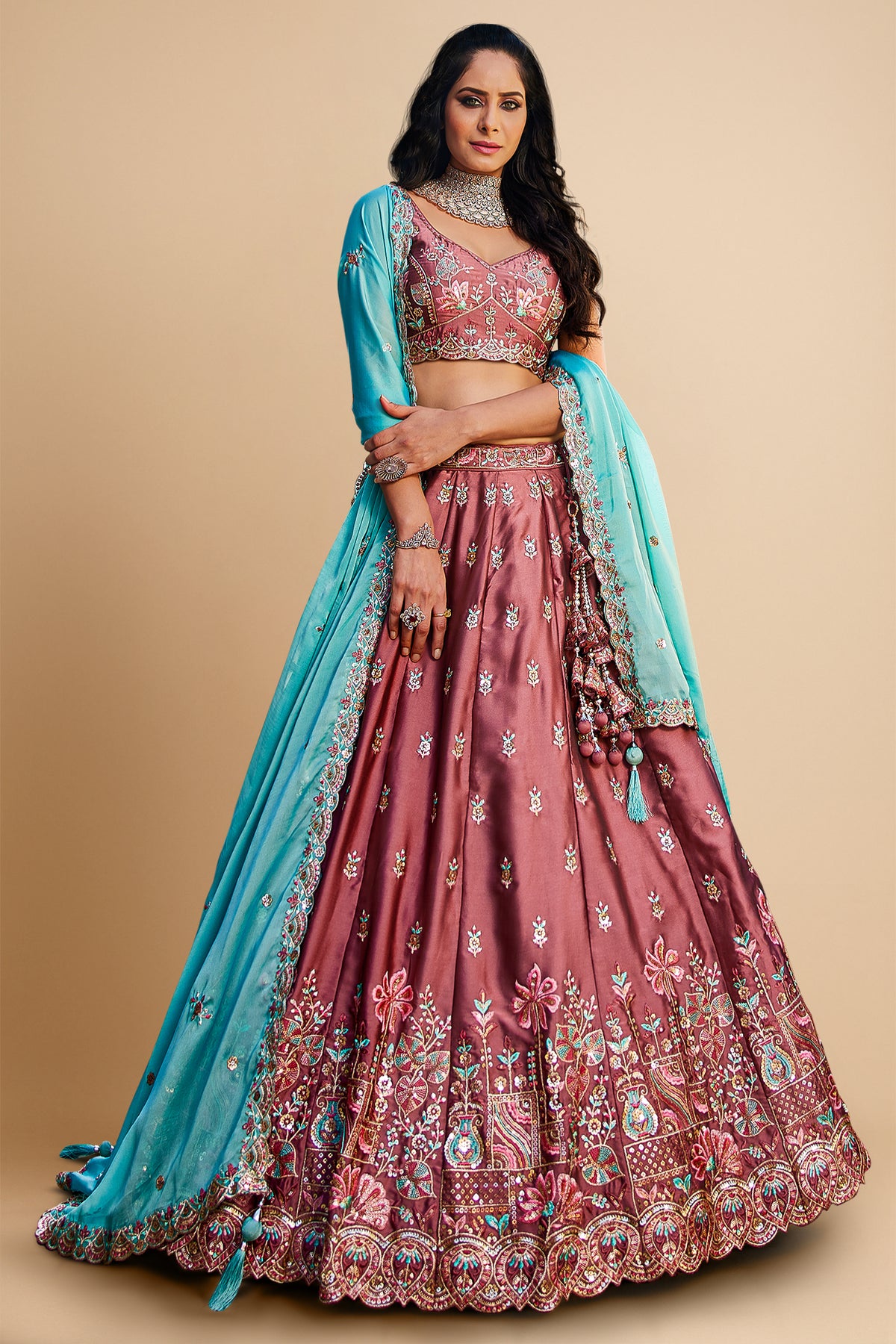 Rose Pink Georgette Sequins Embroidery Lehenga