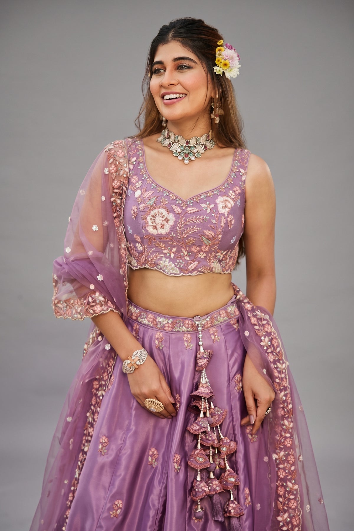Mauve Purple Satin Floral Sequin Embroidered Lehenga - red satin saree embroidered
