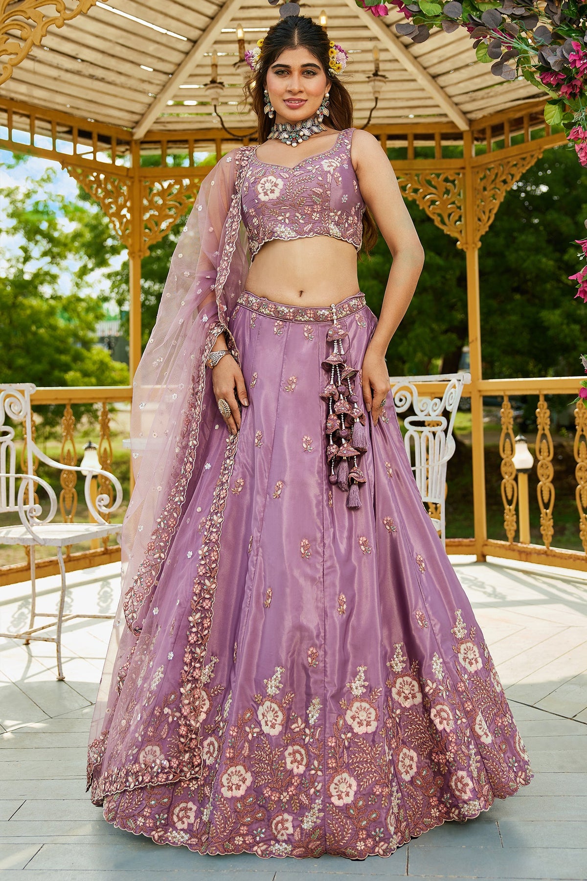 Mauve Purple Satin Floral Sequin Embroidered Lehenga - red satin saree embroidered