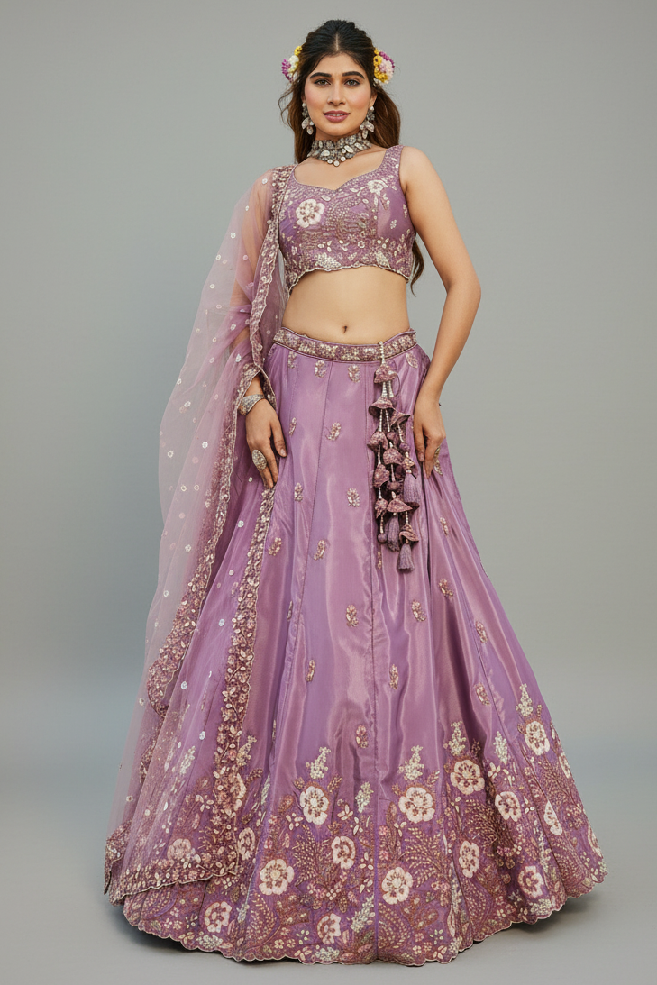 Mauve Purple Satin Floral Sequin Embroidered Lehenga - red satin saree embroidered Main image