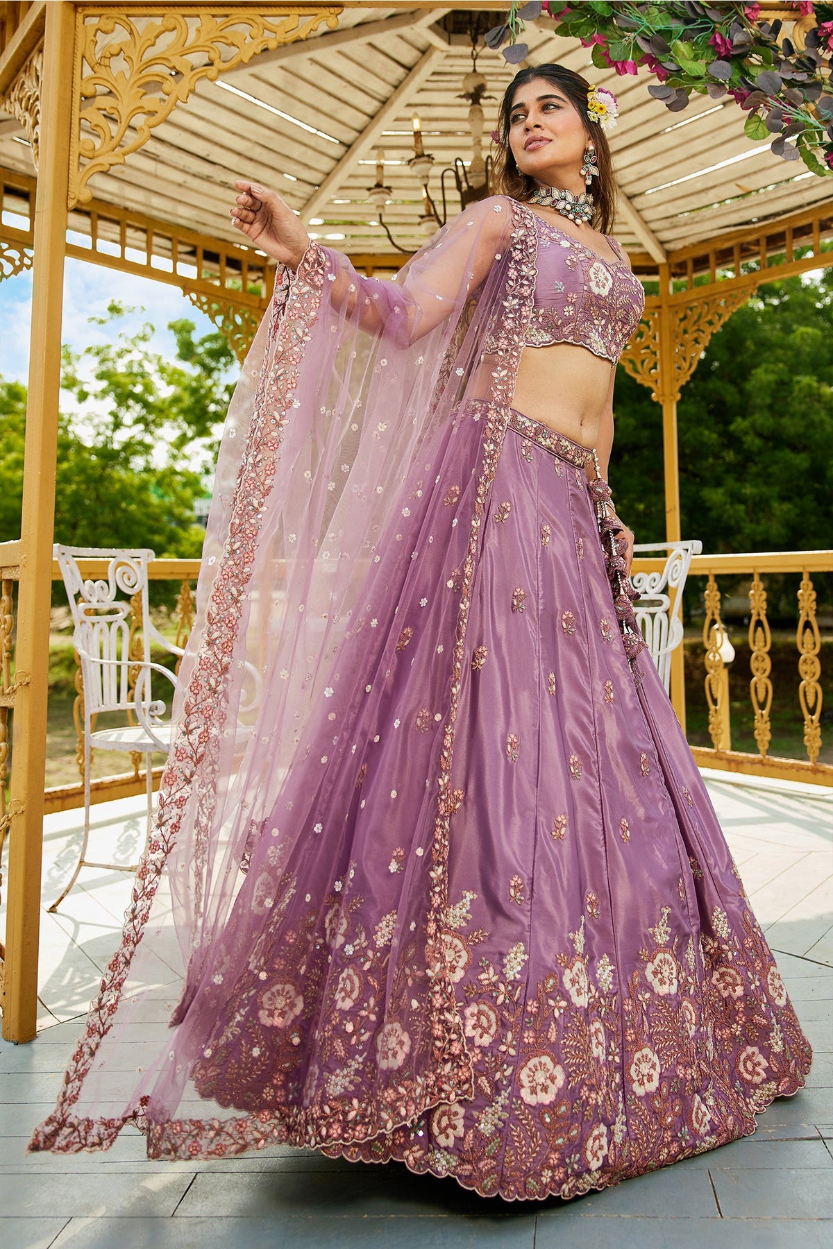 Mauve Purple Satin Floral Sequin Embroidered Lehenga - red satin saree embroidered