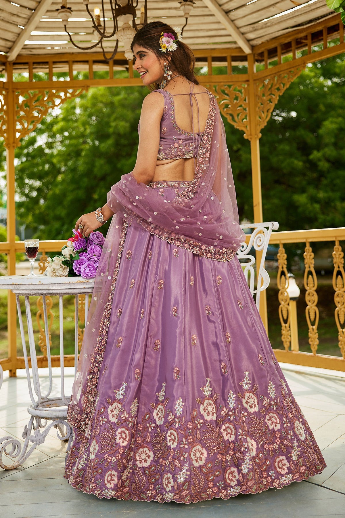 Mauve Purple Satin Floral Sequin Embroidered Lehenga - red satin saree embroidered