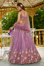 Mauve Purple Satin Floral Sequin Embroidered Lehenga - red satin saree embroidered