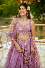 Mauve Purple Satin Floral Sequin Embroidered Lehenga