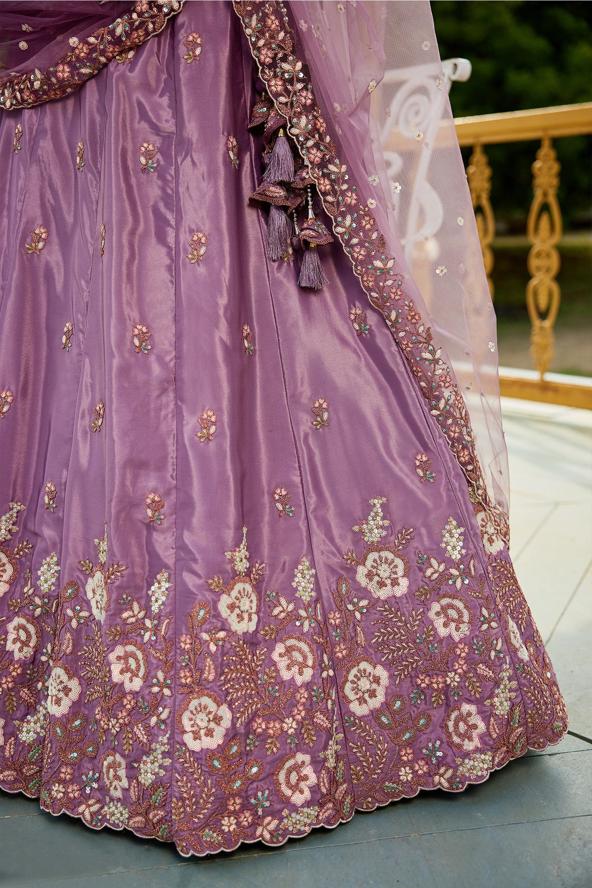 Mauve Purple Satin Floral Sequin Embroidered Lehenga - red satin saree embroidered