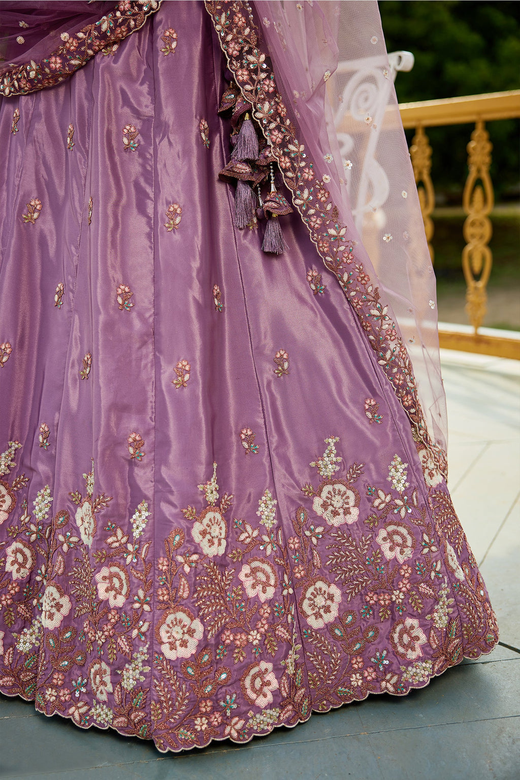 Mauve Purple Satin Floral Sequin Embroidered Lehenga - red satin saree embroidered