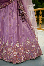 Mauve Purple Satin Floral Sequin Embroidered Lehenga - red satin saree embroidered