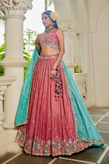 Pink Satin Sequin Embroidery Lehenga