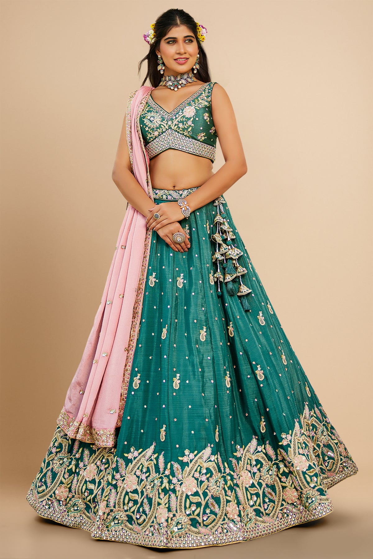 Teal Green Chinon Sequin Embroidery Lehenga - green saree embroidery