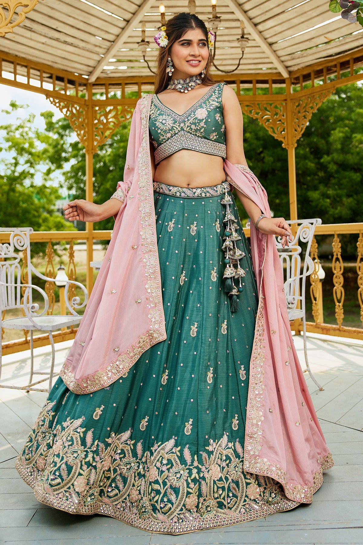 Teal Green Chinon Sequin Embroidery Lehenga - green saree embroidery