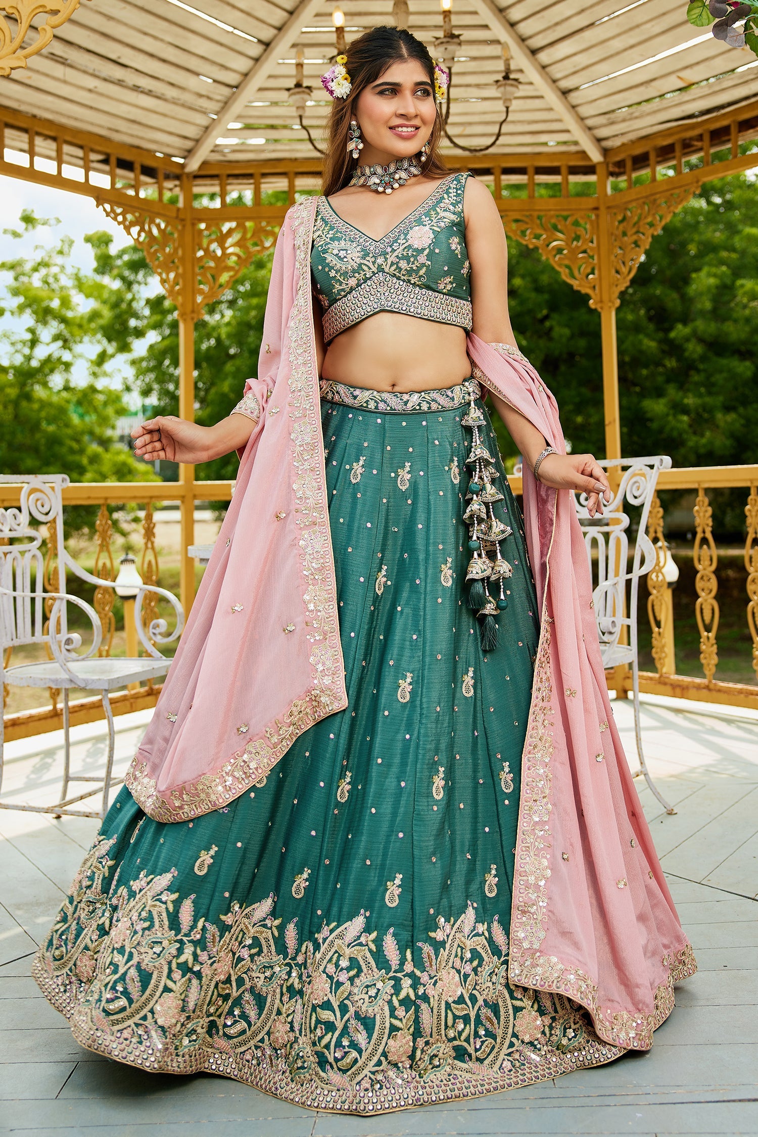 Teal Green Chinon Sequin Embroidery Lehenga - green saree embroidery