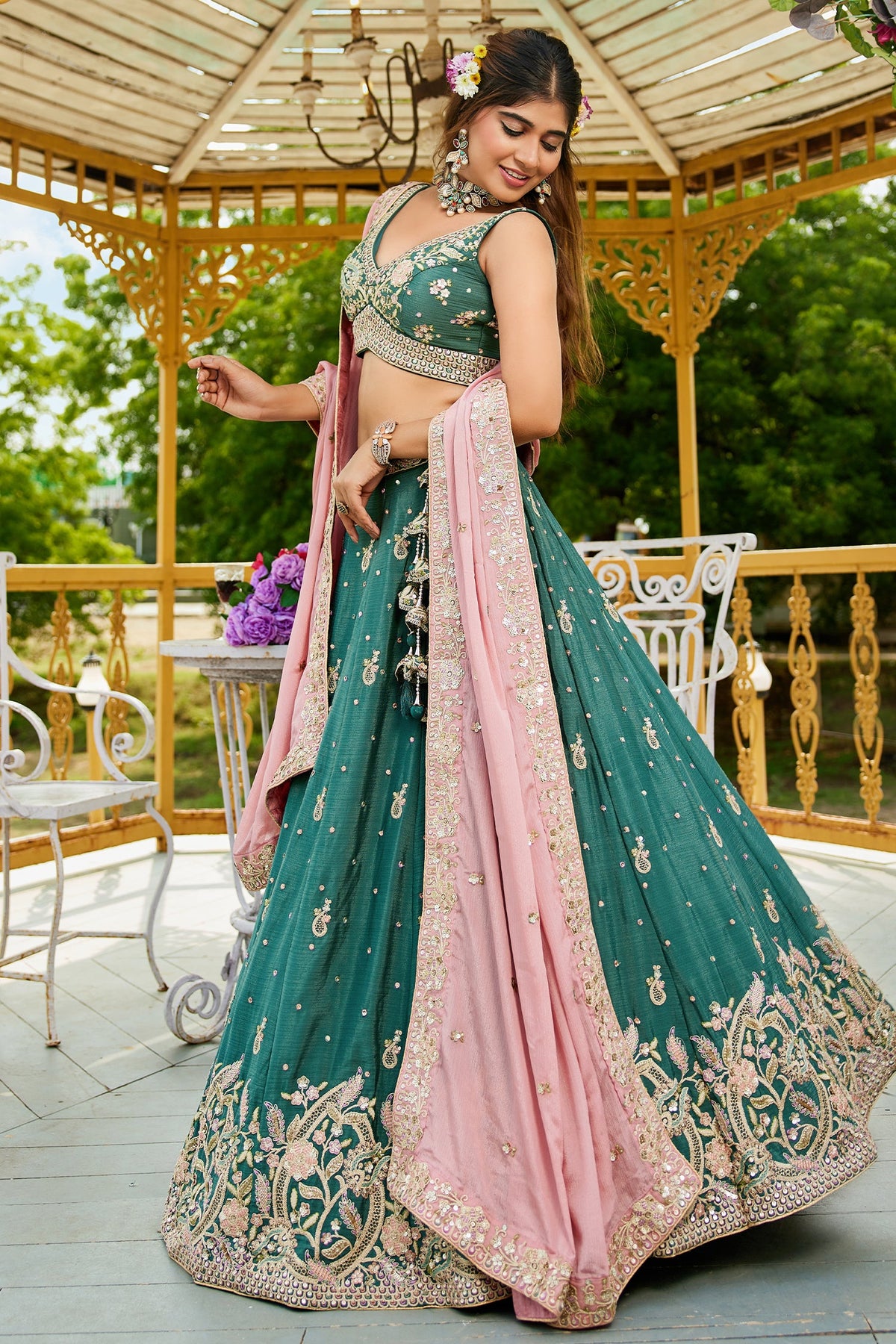 Teal Green Chinon Sequin Embroidery Lehenga - green saree embroidery