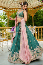 Teal Green Chinon Sequin Embroidery Lehenga - green saree embroidery