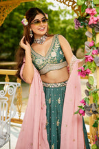 Teal Green Chinon Sequin Embroidery Lehenga - green saree embroidery