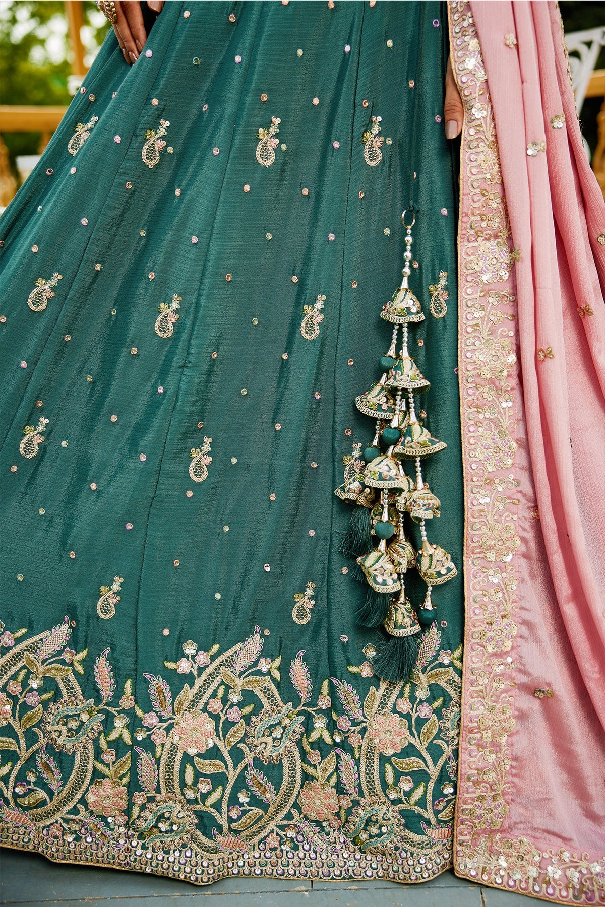 Teal Green Chinon Sequin Embroidery Lehenga - green saree embroidery