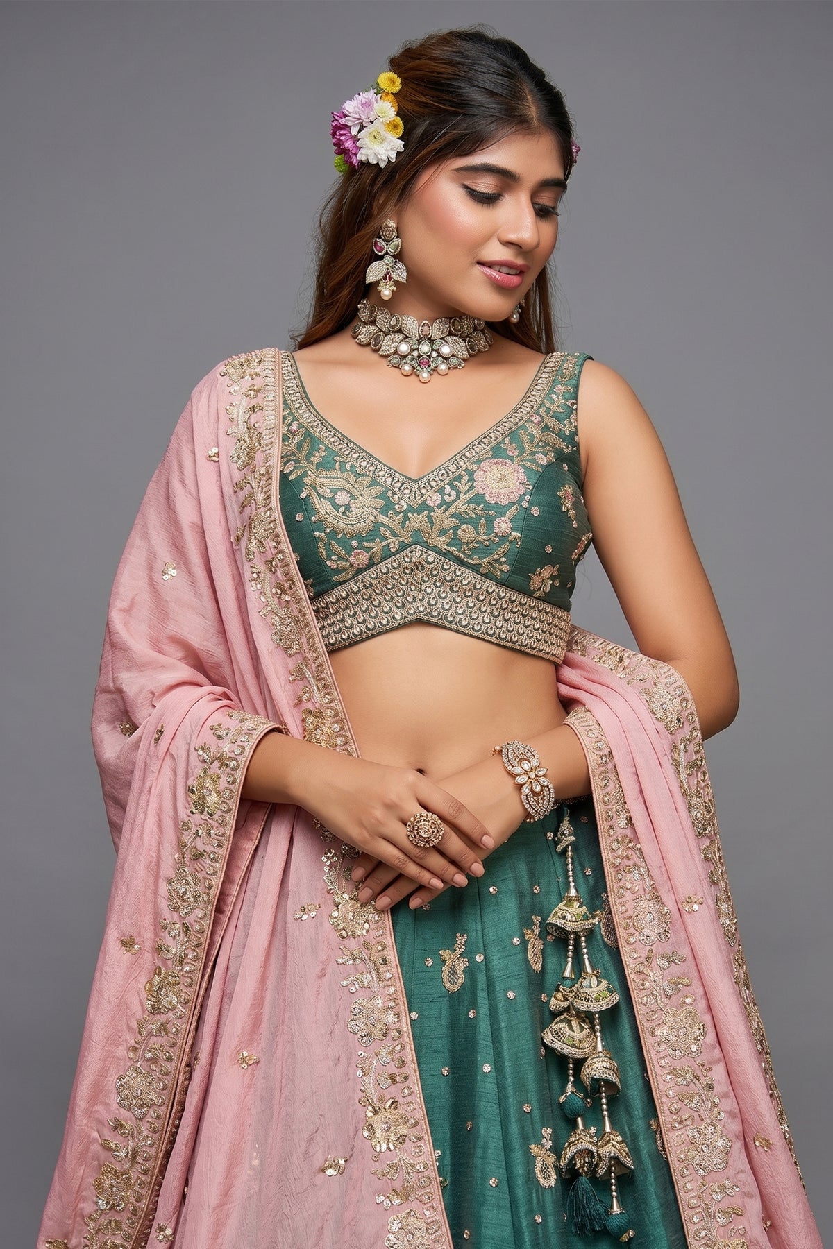 Teal Green Chinon Sequin Embroidery Lehenga - green saree embroidery