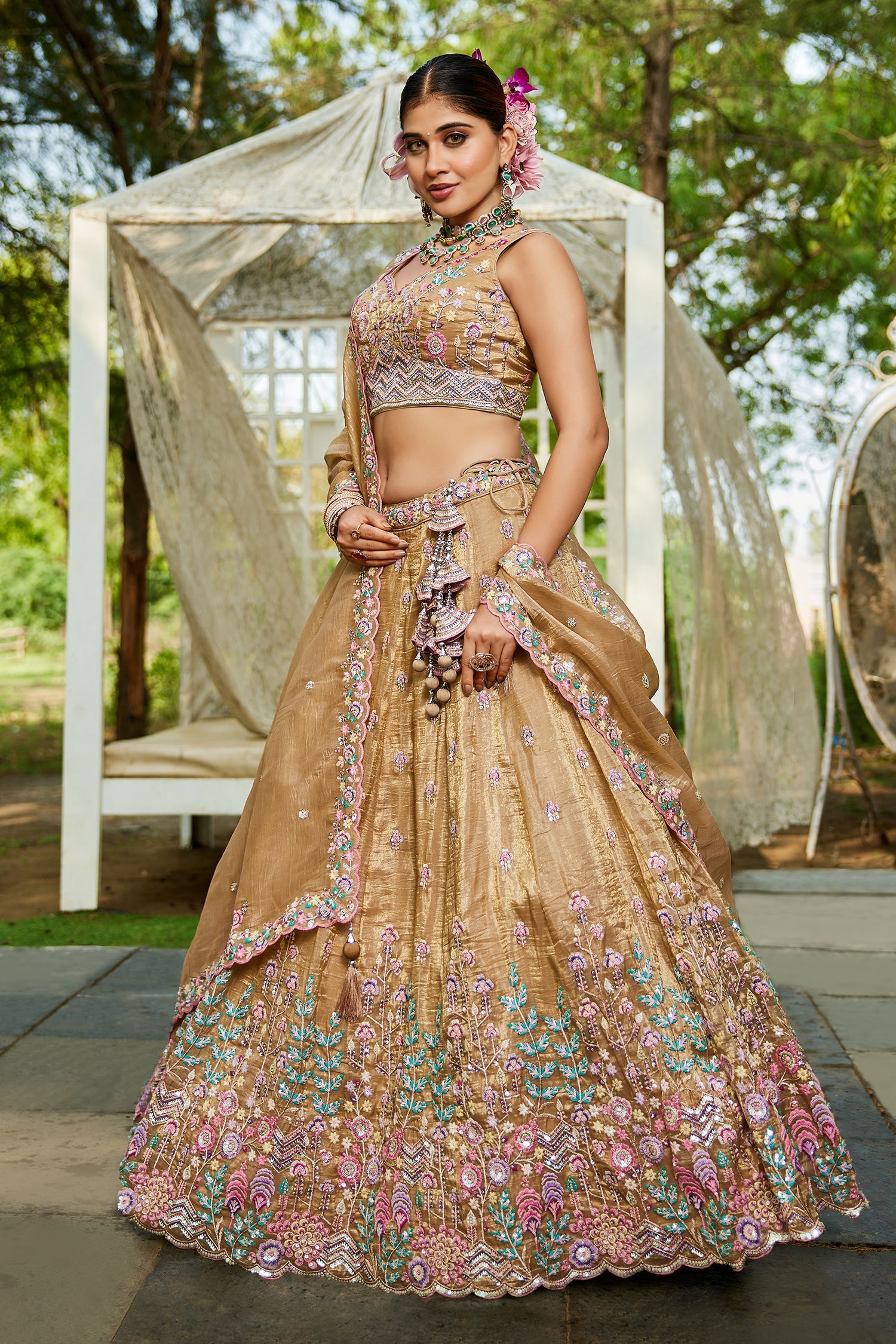 Beige Tissue Sequin Embroidery Lehenga