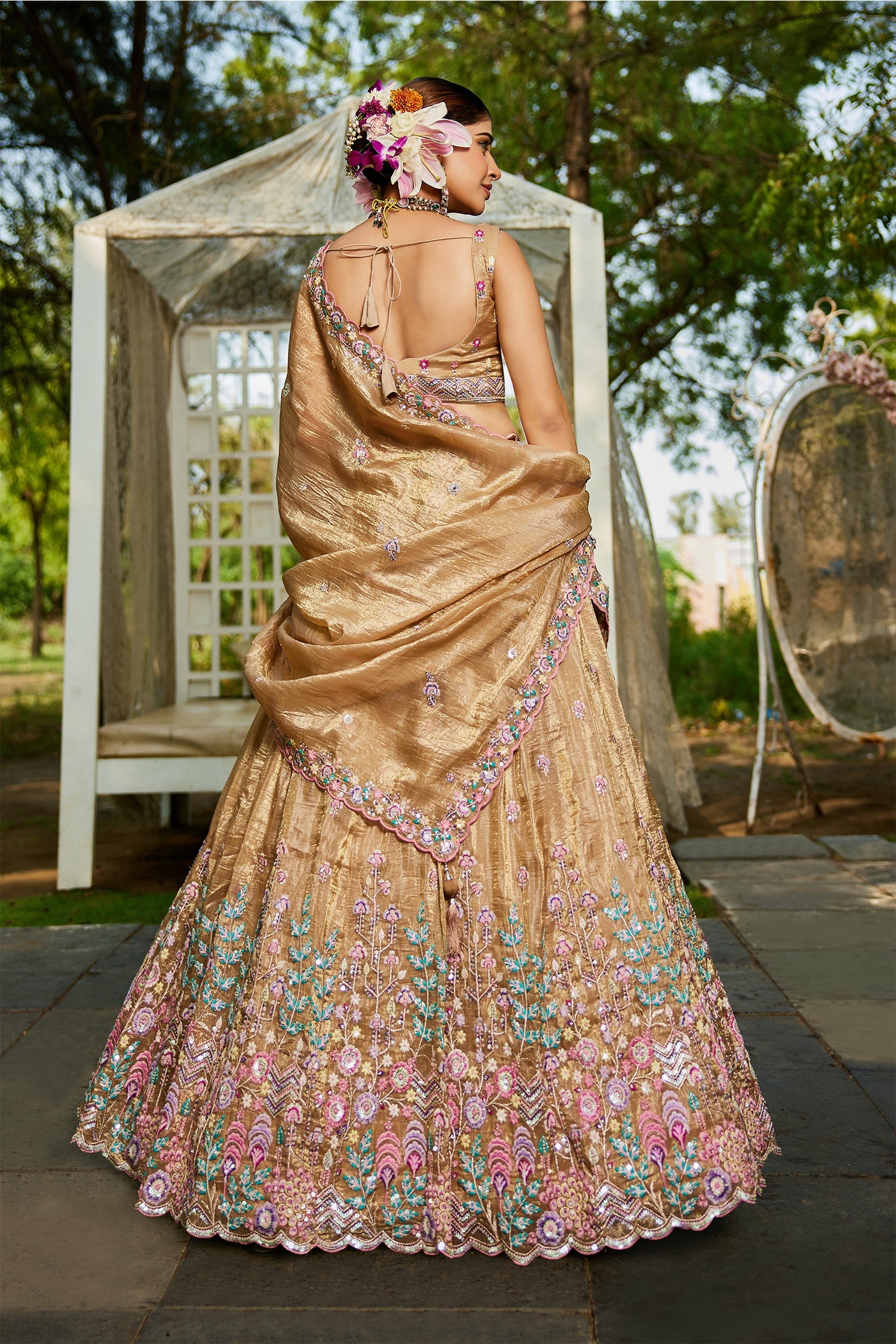 Beige Tissue Sequin Embroidery Lehenga