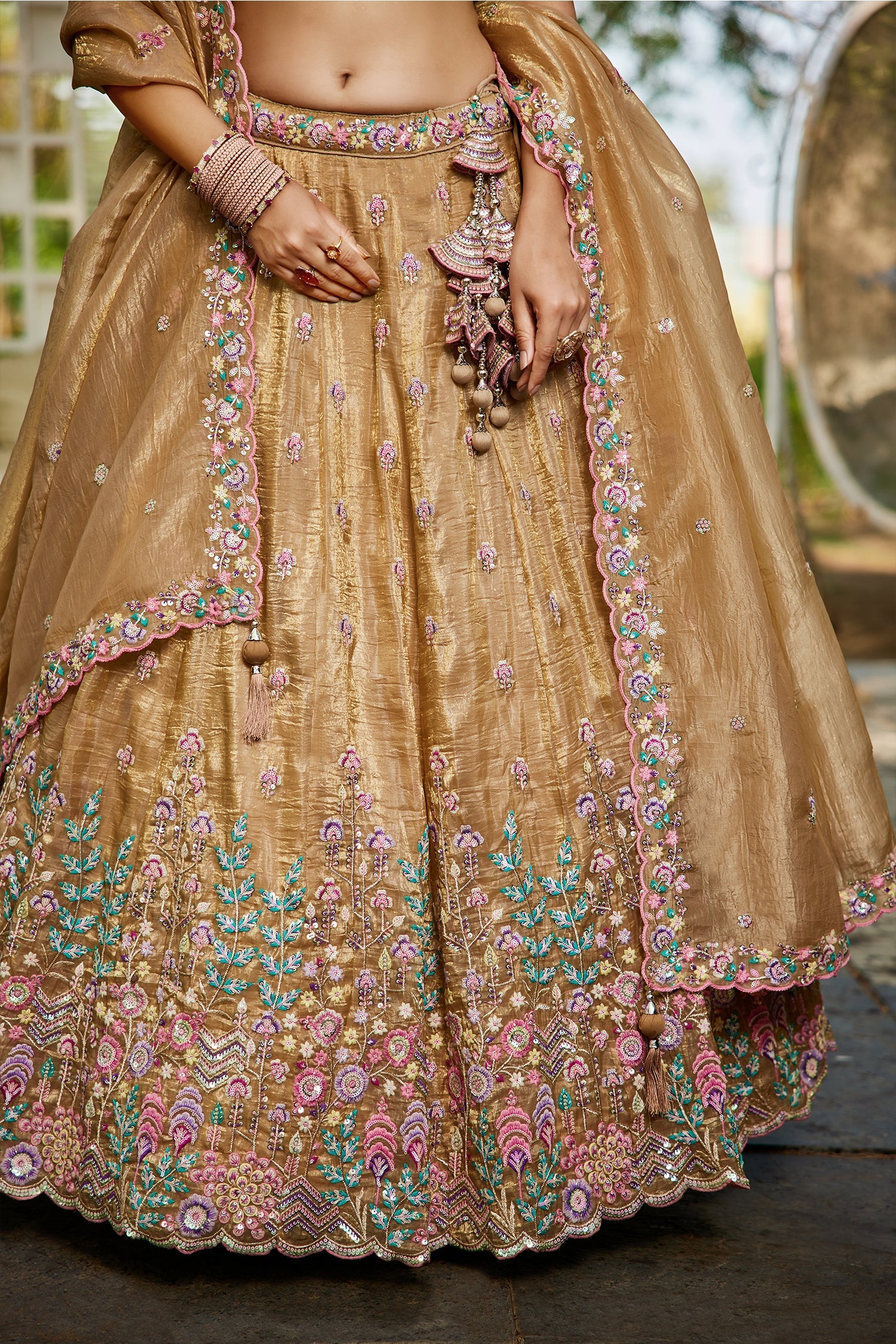 Beige Tissue Sequin Embroidery Lehenga