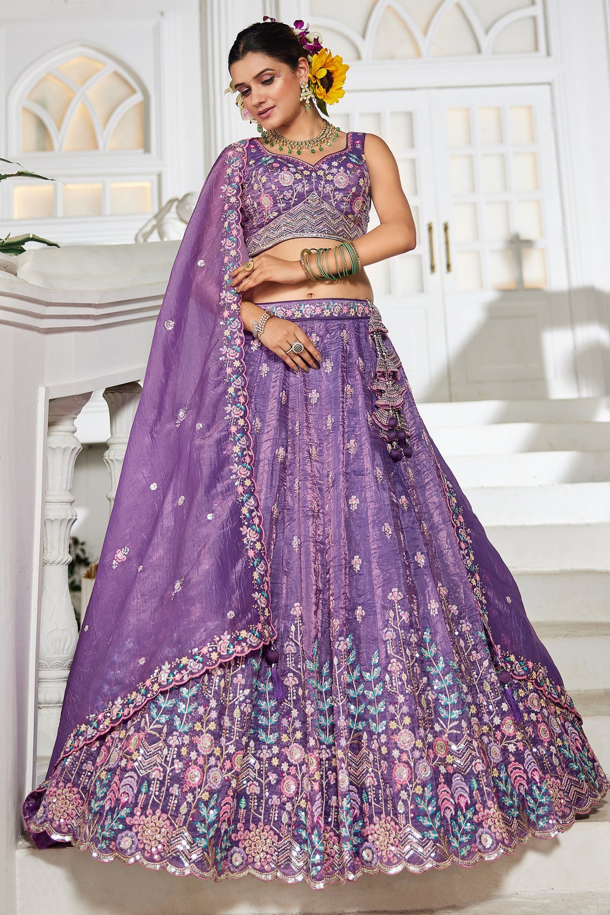 Purple Tissue Sequin Embroidery Lehenga
