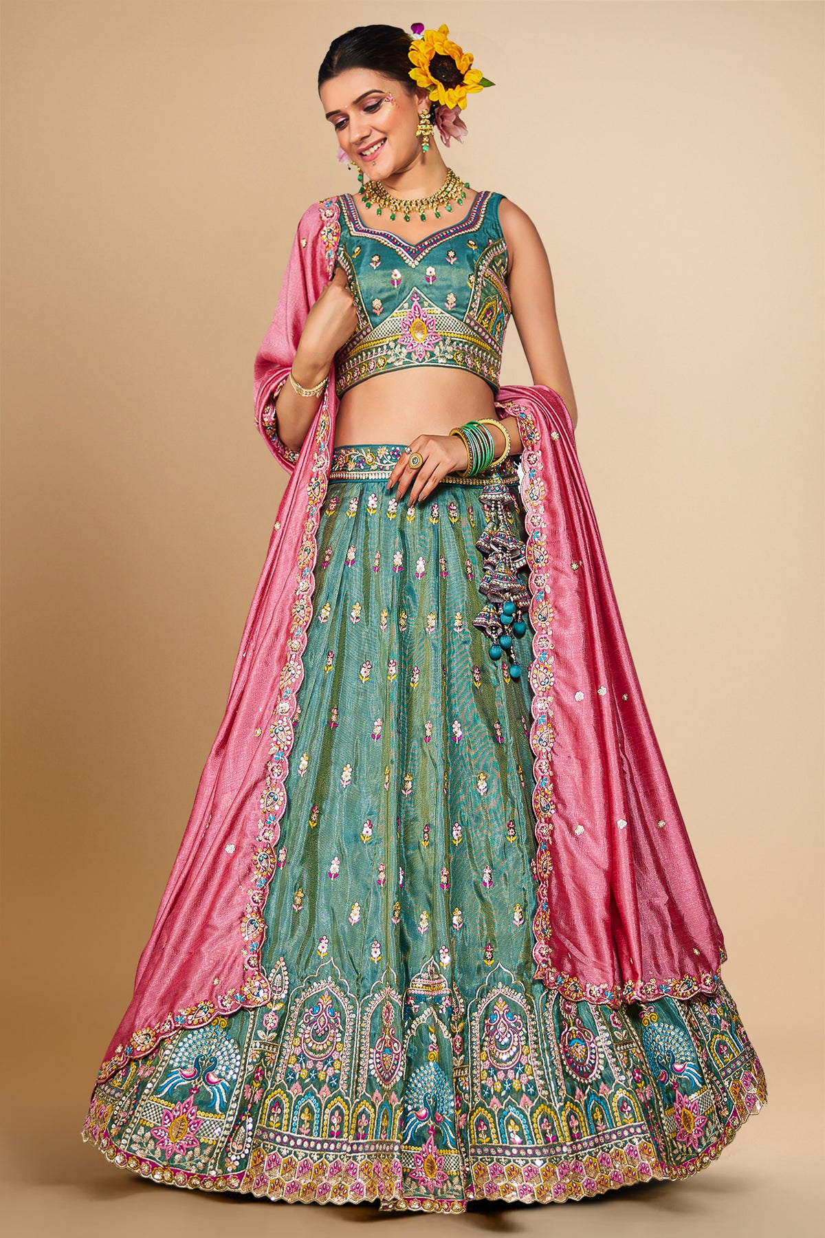 Sea Green Tissue Sequin Embroidery Lehenga - green saree embroidery