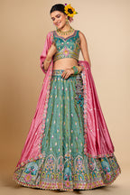 Sea Green Tissue Sequin Embroidery Lehenga - green saree embroidery