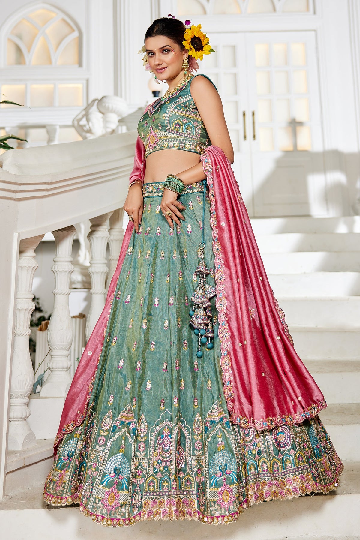 Sea Green Tissue Sequin Embroidery Lehenga - green saree embroidery