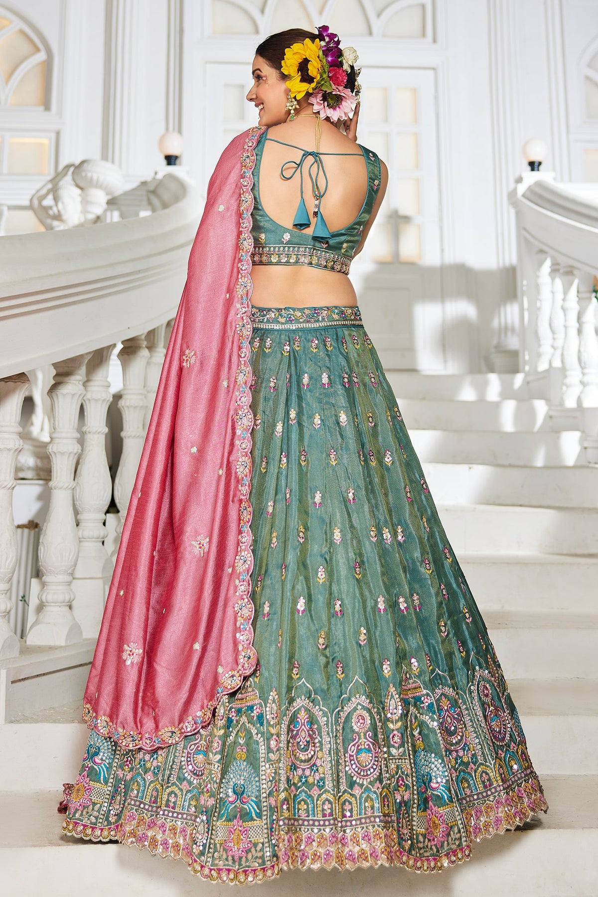 Sea Green Tissue Sequin Embroidery Lehenga - green saree embroidery