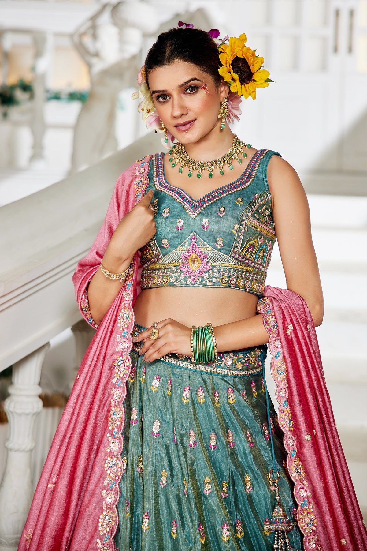 Sea Green Tissue Sequin Embroidery Lehenga - green saree embroidery