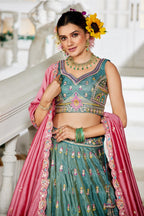 Sea Green Tissue Sequin Embroidery Lehenga - green saree embroidery