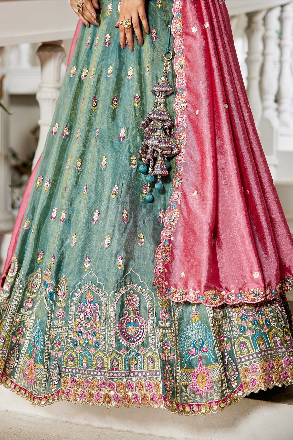 Sea Green Tissue Sequin Embroidery Lehenga - green saree embroidery