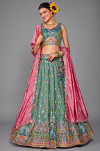 Sea Green Tissue Sequin Embroidery Lehenga - green saree embroidery