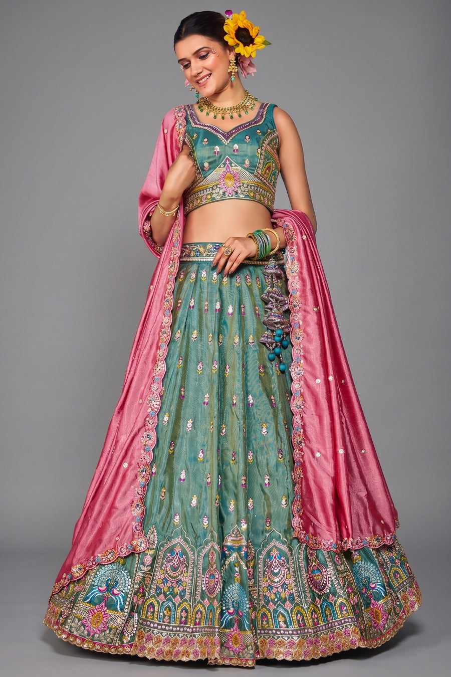 Sea Green Tissue Sequin Embroidery Lehenga - green saree embroidery