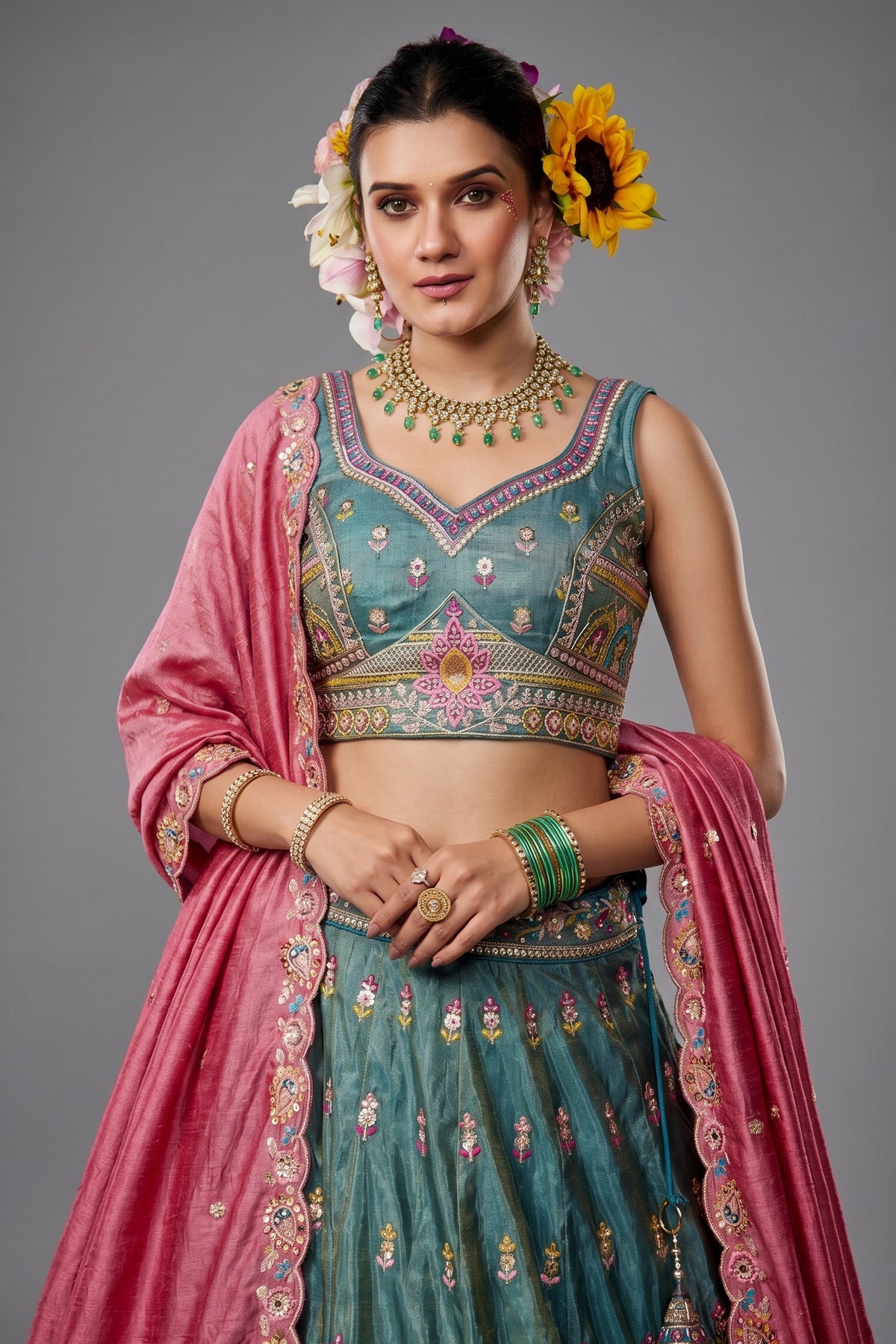 Sea Green Tissue Sequin Embroidery Lehenga - green saree embroidery