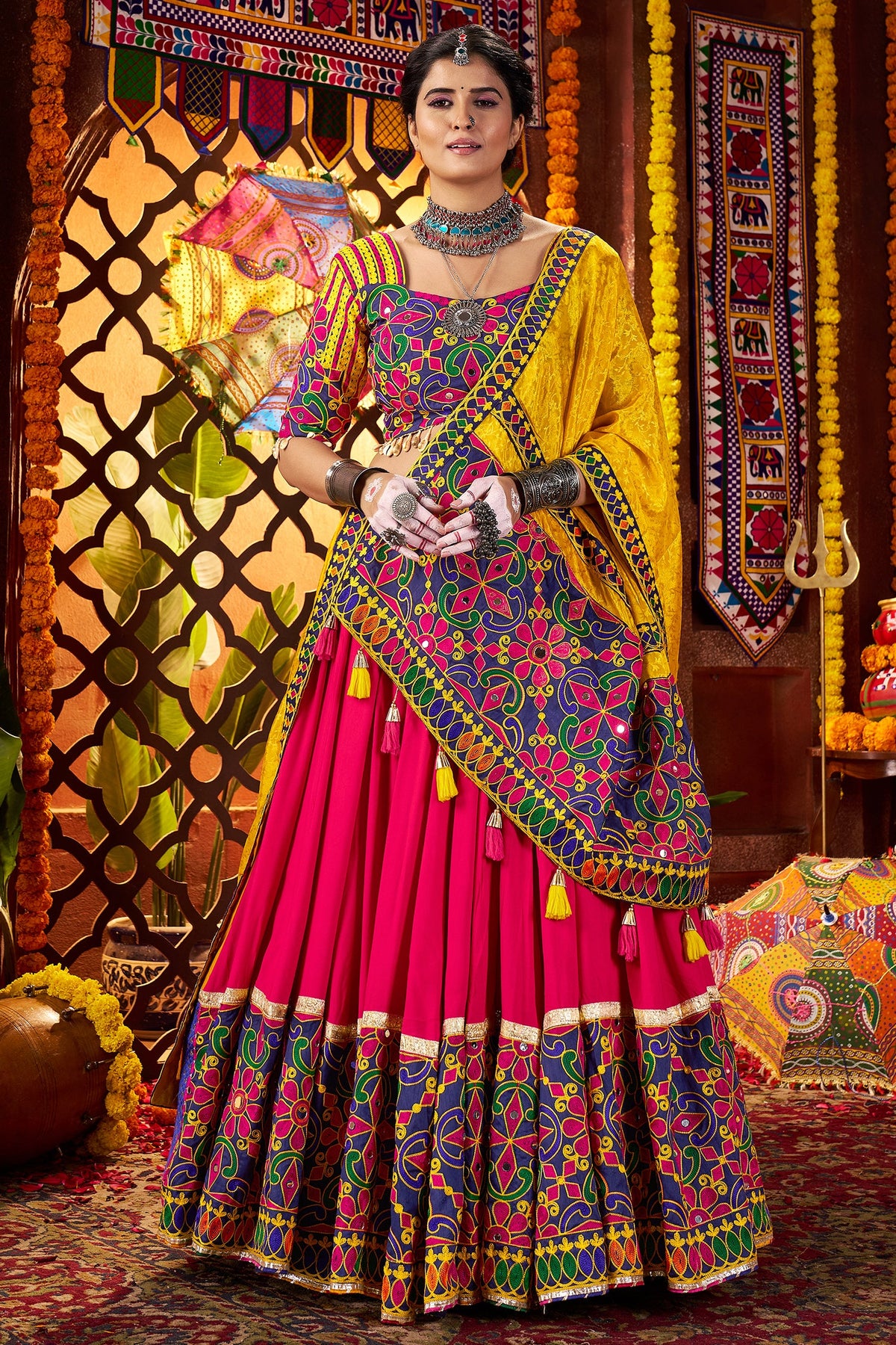 Pink and Yellow Viscose Cotton Kachchi Worked Chaniya Choli