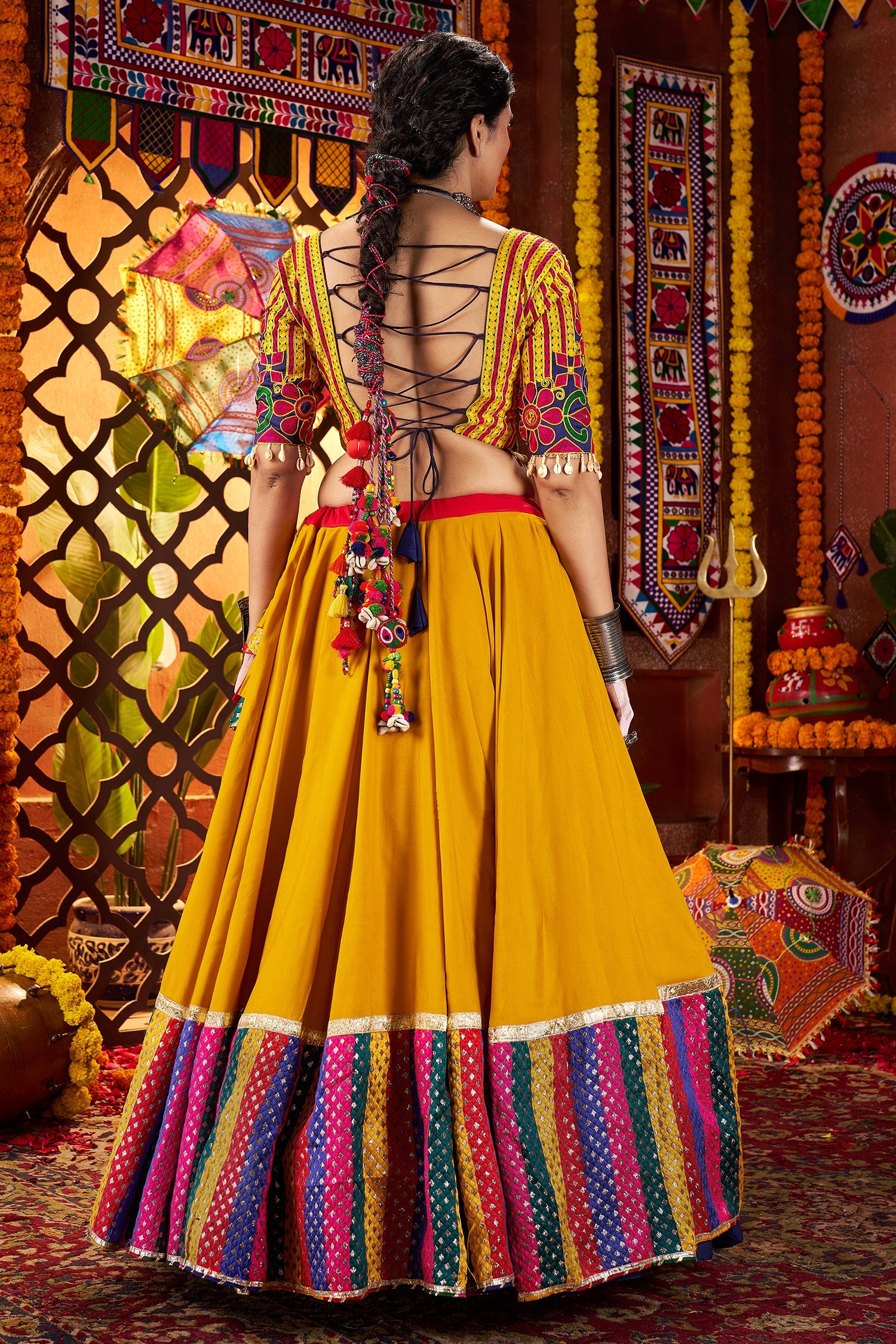 Pink and Yellow Viscose Cotton Kachchi Worked Chaniya Choli