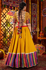 Pink and Yellow Viscose Cotton Kachchi Worked Chaniya Choli