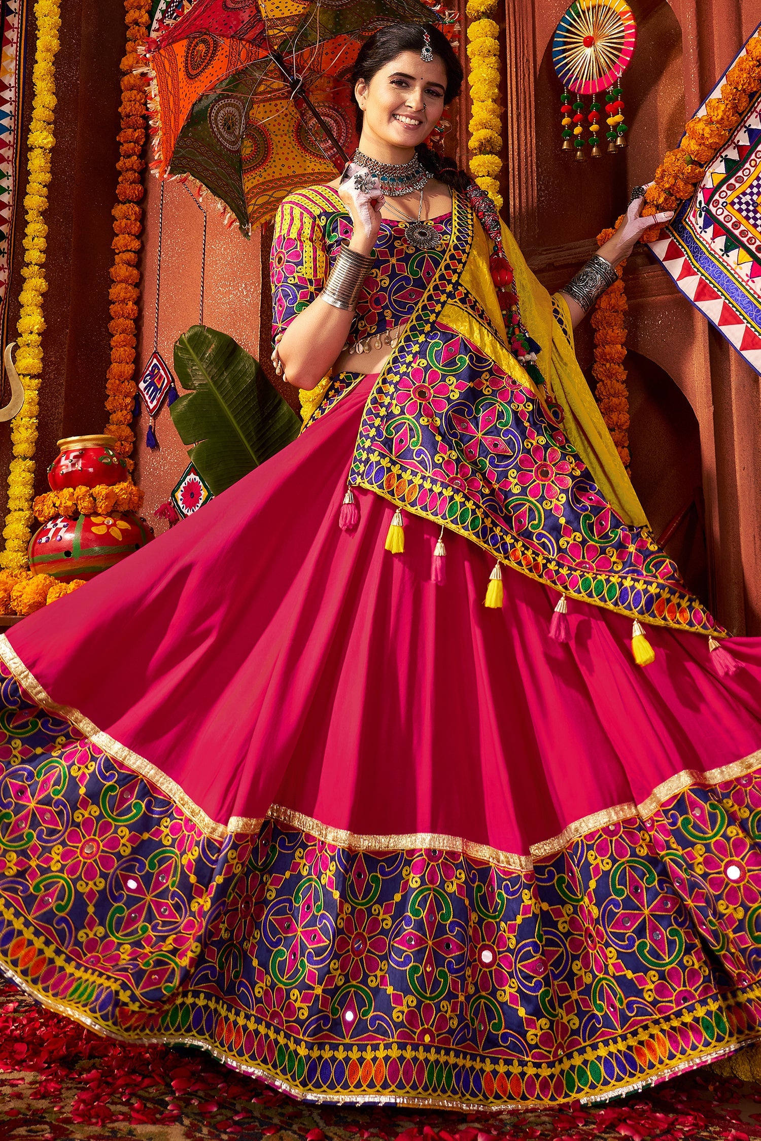 Pink and Yellow Viscose Cotton Kachchi Worked Chaniya Choli