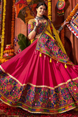 Pink and Yellow Viscose Cotton Kachchi Worked Chaniya Choli