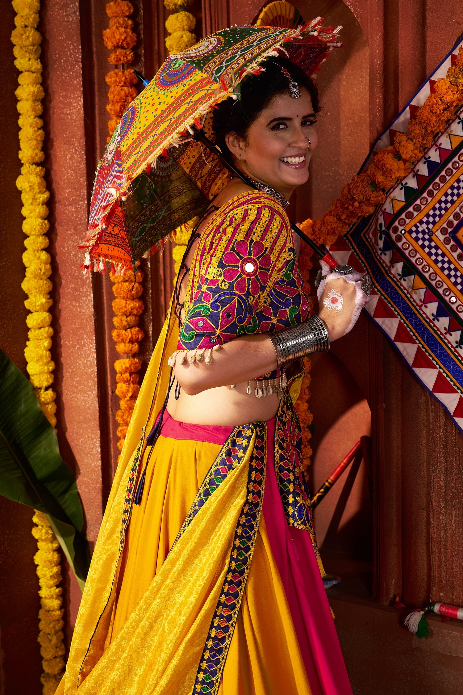 Pink and Yellow Viscose Cotton Kachchi Worked Chaniya Choli