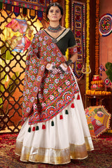 Off White Silk Flared Chaniya with Kachchi Worked Dupatta