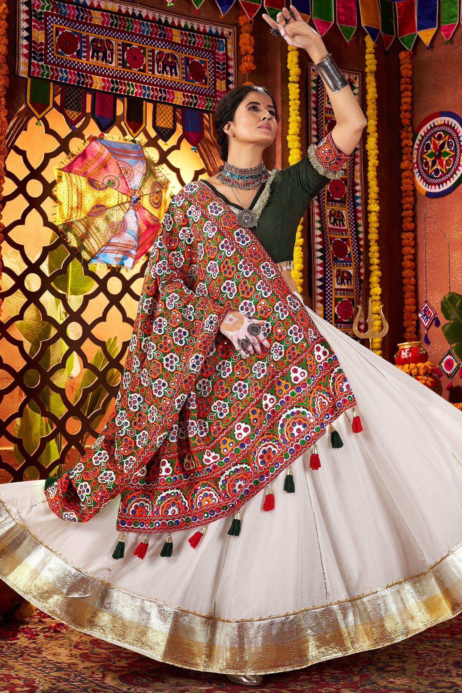 Off White Silk Flared Chaniya with Kachchi Worked Dupatta