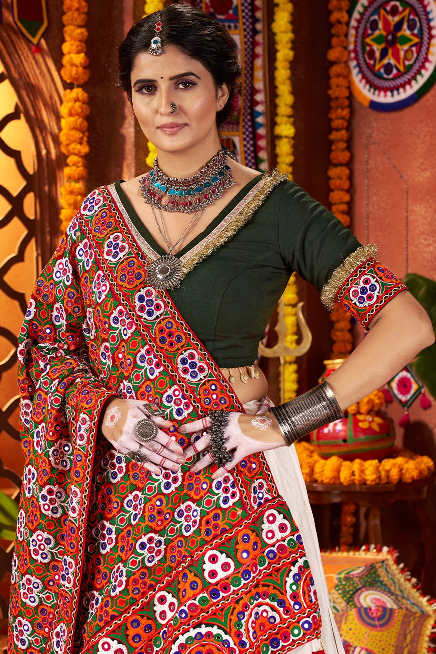 Off White Silk Flared Chaniya with Kachchi Worked Dupatta