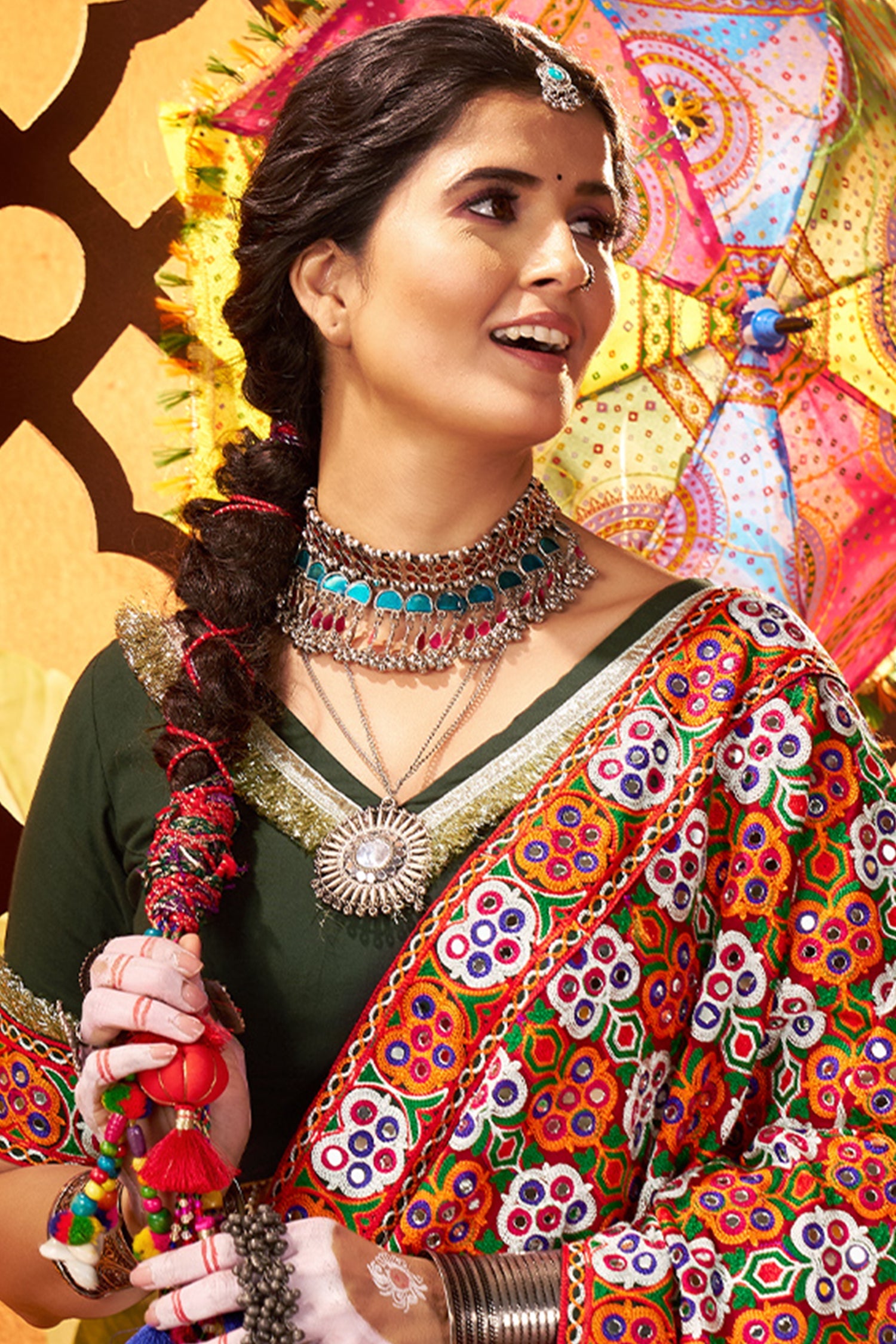 Off White Silk Flared Chaniya with Kachchi Worked Dupatta