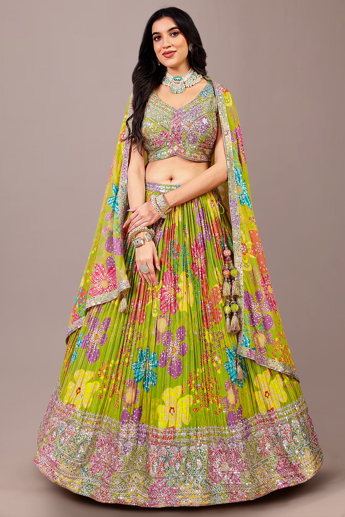 Green Georgette Floral Printed Lehenga with Sequin Embroidered Work
