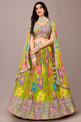 Green Georgette Floral Printed Lehenga with Sequin Embroidered Work