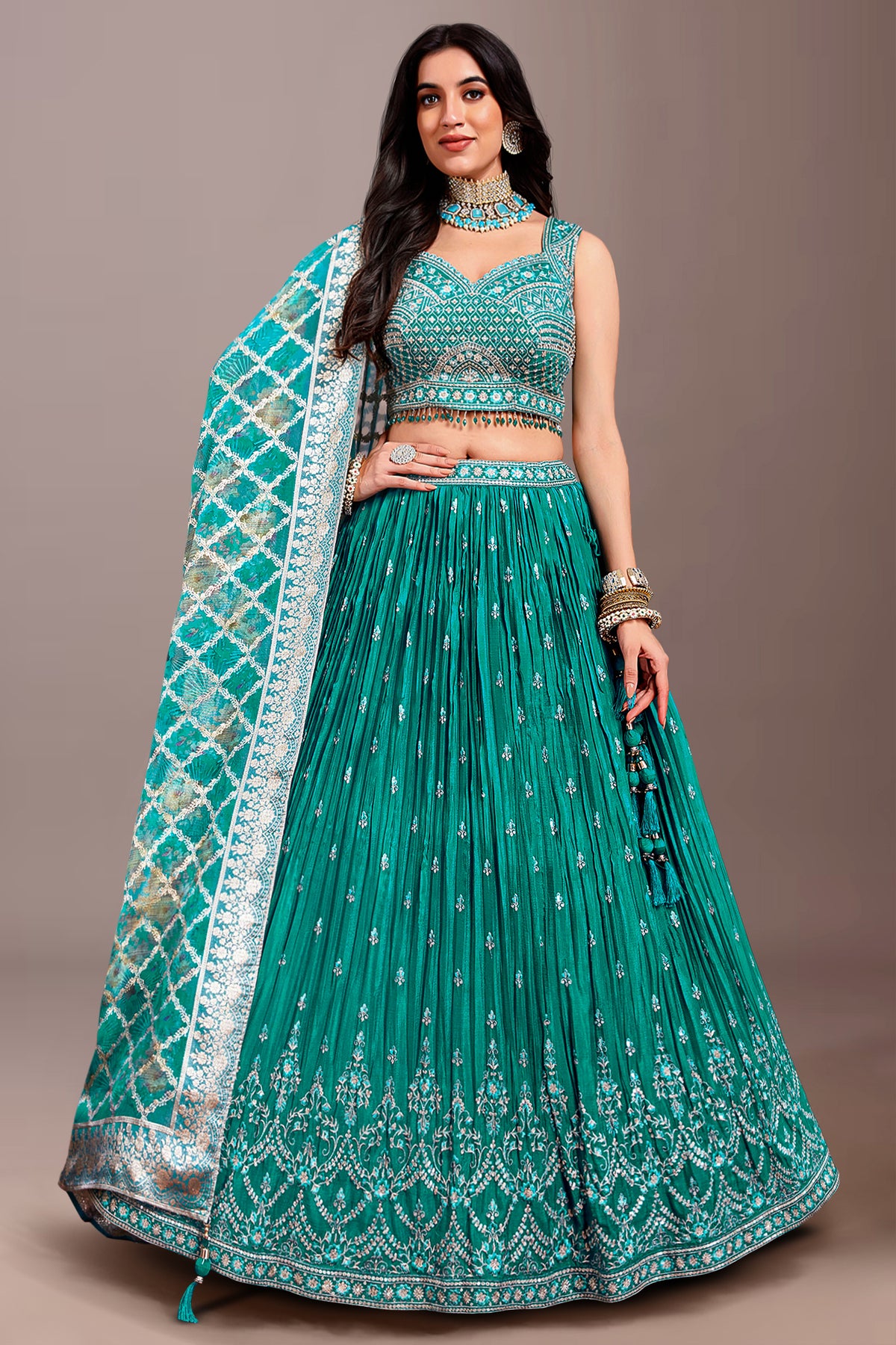Teal Green Chinon Sequin Embroidered Lehenga