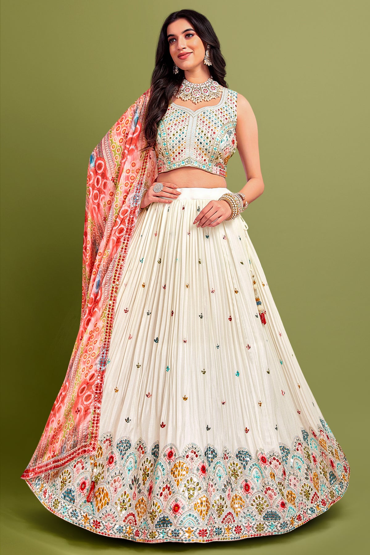 Pearl White Pleted Chinon Georgette Sequin Embroidered Lehenga