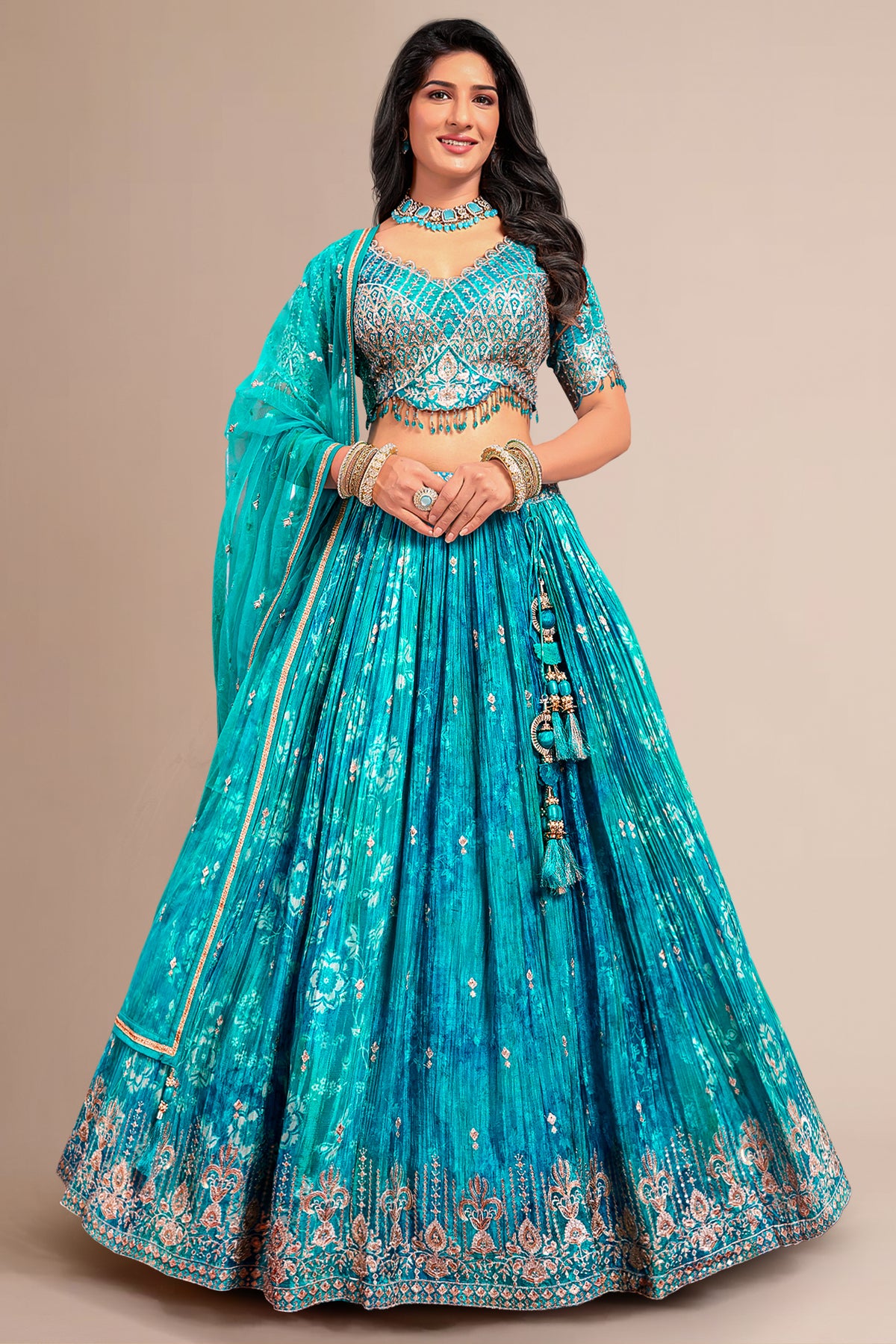 Turquoise Blue Chinon Printed Lehenga with Sequin Embroidery Work